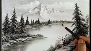 Pencil drawing landscape scenery/ Snow mountain landscape drawing with pencil/