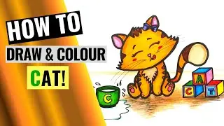 How to Draw and Colour a Cute Cat, Kitten | Step-by-Step Easy drawing #cat, #alphabet, #drawing