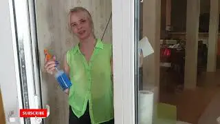 cute girl cleaning Window in transparent shirt || maggie fox no bra cleaning video for fans