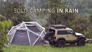 SOLO Relaxing in heavy RAIN [ Cosy Camping setup in an inflatable tent shelter, Rain ASMR ]