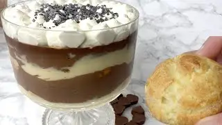 Profiteroles Trifle Recipe with Chocolate and Vanilla Cream Filled Puffs.