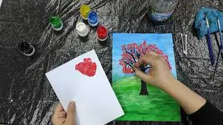 Как нарисовать цветущую яблоню очень просто гуашью и ватными палочками