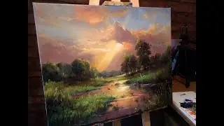 #38 ВЕЧЕРНИЙ СОЛНЕЧНЫЙ ПЕЙЗАЖ маслом. Как нарисовать пейзаж. Evening Sunshine Landscape oil painting