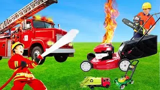 Lawn mower fire trucks garbage truck video for kids | blippi toys | min min playtime