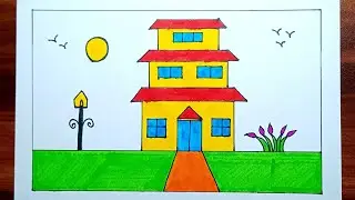 Easy House Drawing Step By Step | Triple Level House Drawing | How To Draw House For Beginners |