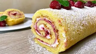 Бісквітний рулет з малиною, який тане у роті😍