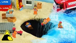 Wave Machine VS Lego City Dock - Surprise Sinkhole - Lego Ship Sinking Tsunami Dam Breach Experiment