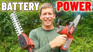 Battery Powered Handheld Lawn Care Equipment in Action   Pole Saw, Hedge Trimmers & Blower