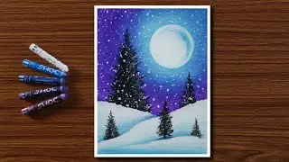 Easy Winter Snowfall Scenery Drawing for Beginners with Oil Pastels - Step by Step