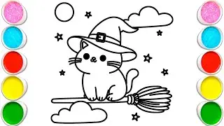 Cute Hello Kitty Flying on a Broom Drawing, Painting and Coloring for kids, Toddler | Easy to Draw