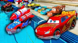 Disney Pixar Cars falling into deep pool, Lightning McQueen, Tow Mater, Mack, Sally, Francesco