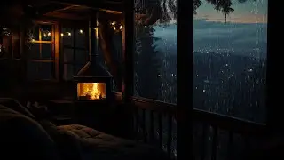 Warm up and Relaxation with Fireplace Burnings and Rain Outside in Cozy Tree House