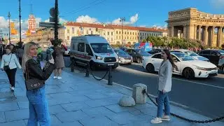 St Petersburg, Russia on The First Friday Chilly Summer Night 2023. Walk in The City. 4K 60fps