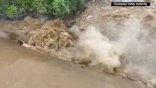 Aerials of the Nolichucky Dam after floodwaters from Helene