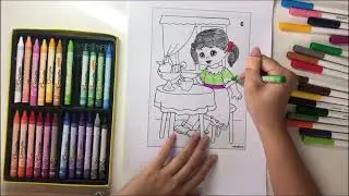 Color the girl sitting at her desk playing with dolls