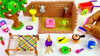 DIY How to make polymer clay miniature Village House, Washroom Set, Kitchen Set, Tree, Charpai