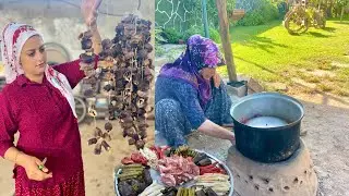 KIŞ İÇİN YAPTIĞIMIZ KURU PATLICAN İLE İLK YEMEK | ODUN ATEŞİNDE KUZU ETİ AKŞAM YEMEĞİ