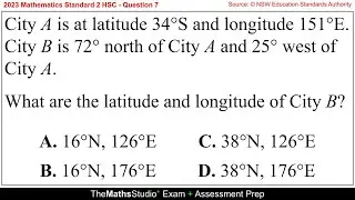 2023 Maths Standard 2 HSC Q7 Find latitude & longitude coordinates of a city relative to another