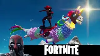 Deadpool and Cuddlepool ride the Dragacorn Glider in Fortnite