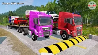 Double Flatbed Trailer Truck vs speed bumps|Busses vs speed bumps|Beamng Drive|190