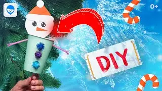 DIY Christmas toys. Snowman from paper cup. Easy craft ideas for kids