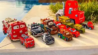 Disney Pixar Cars falling into deep pool, Lightning McQueen, Tow Mater, Mack, Sally, Francesco