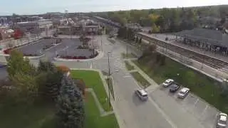 Aerial video of trains through Deerfield, Illinois