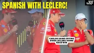 Charles Leclerc performing perfect Spanish in front of Spanish fans and Carlos Sainz helping him😂