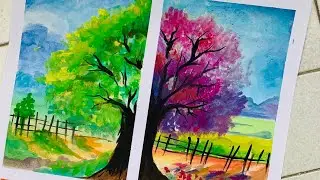 Tree Of Different Seasons Painting For Beginners-Step by Step