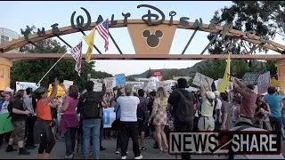 Boycott Disney protesters rally over FL sex/gender school bill outside Disney HQ in Burbank, CA