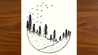 Easy Half circle scenery drawing Easy Pine Tree drawing Step By Step Landscape Drawing Tutorial