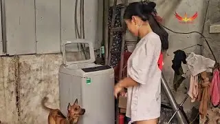 She is taking care of her dog 🐕