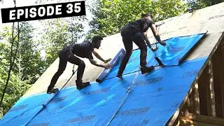 Building A Log Cabin | Ep. 35 | Installing ice + water shield, staining, & framing gable ends