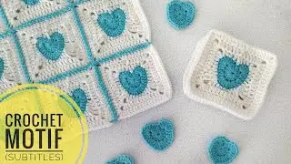 Square motif with heart. Crochet pattern for a blanket