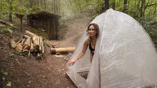 SOLO GIRL's bushcraft in a dugout & CAMP sauna and fishing ASMR