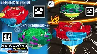 XIPHOID XCALIUS X8 CHAIN KERBEUS K8 GAMEPLAY + OLD QR CODES XCALIUS KERBEUS BEYBLADE QUAD STRIKE