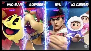 Super Smash Bros Ultimate Amiibo Fights Request #49 Pac Man and Bowser vs Ryu and Ice Climbers