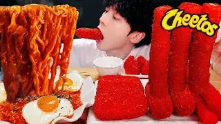 ASMR MUKBANG | 치즈 불닭볶음면 & 치토스 대왕 통 가래떡 튀김 핫도그 딸기 먹방 & 레시피 FIRE NOODLES AND Tteokbokki EATING