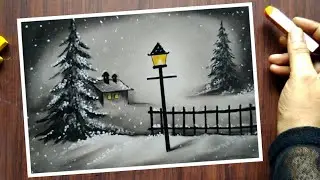 Christmas Day Special, Black & White Snowy Winter Landscape Painting/Drawing - Soft Pastel Drawing