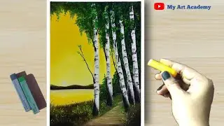 Soft Pastel Drawing - How to Draw Riverside Sunset Birch Tree Landscape (step by step) Drawing/Paint