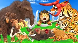 Giant Lion Fight Tiger Bull Vs Mammoth Vs Sabertooth Tiger Attack Lion Cub Saved By Woolly Mammoth