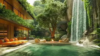 Tender Jazz Music & Waterfall Sounds At Peaceful Garden Space - Smooth Jazz In Cozy Living Room