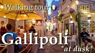 Gallipoli at dusk (Puglia), Italy【Walking Tour】History in Subtitles - 4K