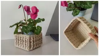 You definitely did not knit this one! Square basket made of polyester cord. crochet waffle pattern
