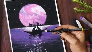 Easily Draw Pink Big Moon Couple Drawing for Beginners - Soft Pastel Drawing - Couple Painting