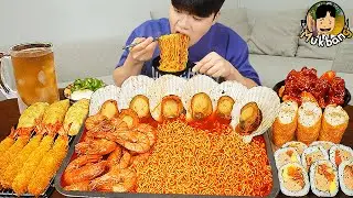 ASMR MUKBANG 직접 만든 가리비 열라면 김밥 김치 유부초밥 먹방! RAMYEON & KIMBAP MUKBANG EATING SOUND!