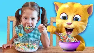 Little Nastya having breakfast with your favorite character