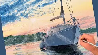 How to Paint a Sunset Seascape with Boat in Acrylic | Paint with Nolan