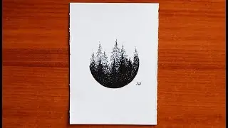 Black and white landscape drawing | Black pen woods drawing with dots