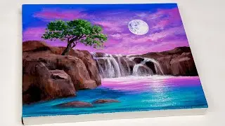 Waterfall Painting / Moon Painting / Acrylic painting for beginners